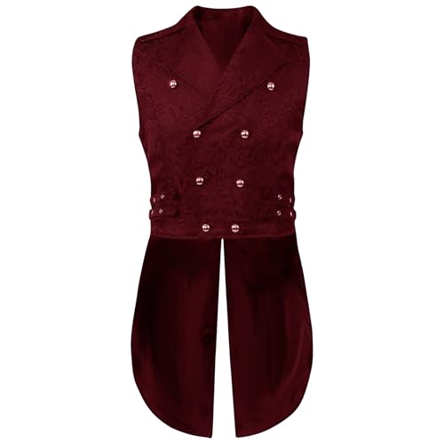 Gothic Weste Herren Lange Steampunk Weste Herren Anzug Mittelalter Zweireihige Westen Brokat Jacquard Frack Tailcoat Umlegekragen Gothic Gilet Frack Ärmellos Anzugweste für Halloween Party Kostüm