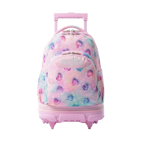 TOTTO - Mochila Escolar con Ruedas Desmontables, Modelo Tiza, Capacidad 26 L, Mochila PC 15.4, Bolsillo Botella, Manija Telescópica, Espaldar Ergonómico y Correas en S, Estampado Shiny Heart Glitter
