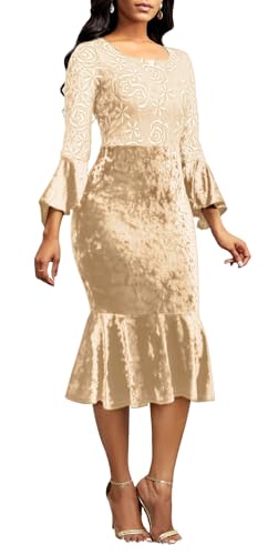 Image of Midi Lace Dress for Women Sexy Bodycon Fishtail Dress Elegance Cocktail Party Banquet Church Outfits