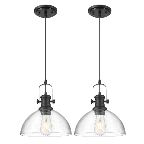 Image of 2-Pack Black Pendant Lights Kitchen Island, 10.5 inch Farmhouse Pendant Lighting with Clear Seeded Glass Shade, Vintage Hanging Light Fixtures for Dining Room, AD-22151-1P2L-BK