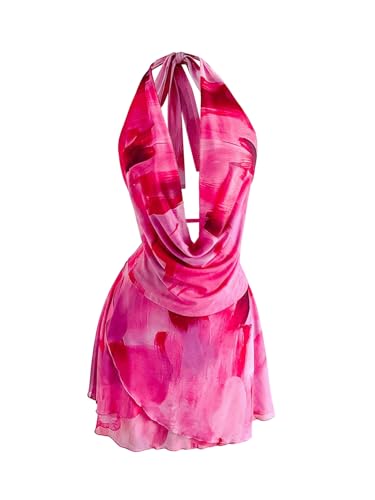 SOLY HUX Women's Tie Dye Mesh Halter Mini Dress Deep V Neck Draped Backless Sleeveless Vacation Summer Dresses