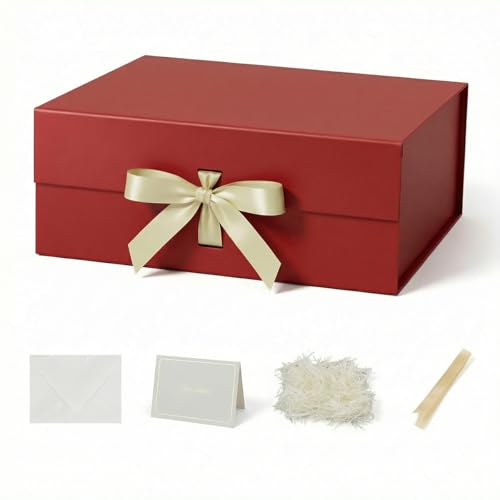 Caja de regalo grande Rojo con tapa 32x28x13,5 cm, caja para regalo Empaque cumpleaños, caja de zapatos al por mayor, Navidad Incluye relleno de papel triturado, tarjeta de sobre y cinta