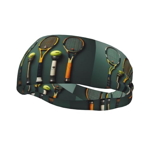 Elegante banda deportiva para el sudor con pelotas de tenis y raquetas, diseño impreso adecuado para baloncesto, béisbol y fútbol