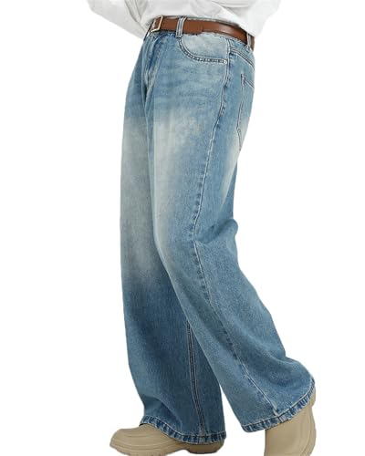 Men's Loose Fit Straight Leg Denim Jeans Baggy Wide Leg Plain Pants Trousers