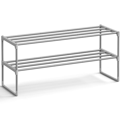 SONGMICS Shoe Rack, 2-Tier Shoe Organizer, Metal Storage Shelf, Upright or Upside Down, for 12-15 Pairs, Stackable, for Entryway, 11.8 x 36.2 x 13.4 Inches, Gray ULSA012G01 Grey 2 Tiers (36.