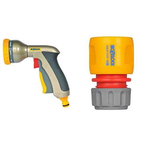 HOZELOCK Multi Plus Spray Gun, Multicolour & Hozelock 2185P9000 AquaStop Connector (12.5mm & 15mm), Grey, Orange, Red