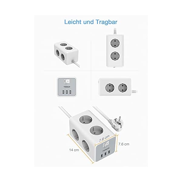 TESSAN 6 Fach Steckdosenleiste 3600W 16A mit 3 USB, 9 in 1 Mehrfachsteckdose Steckdose mit Schalter, Mehrfachstecker… – Bild 8