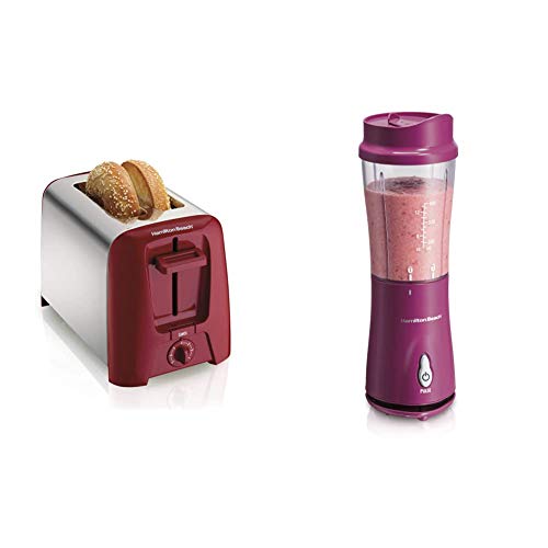 Hamilton Beach 2 Slice Extra Wide Slot Toaster, Red (22623) & Beach Personal Blender for Shakes and Smoothies with 14oz Travel Cup and Lid, Raspberry (51131)