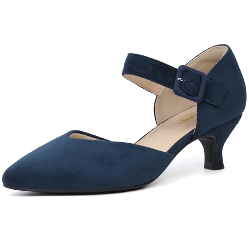 RIBONGZ Navy Comfortable Kitten Heels Suede Ankle Strap Buckle Prom Low Heels for Women Closed Pointed Toe Slip on Pumps Church Wedding Bridal Party Dressy Shoes 7.5