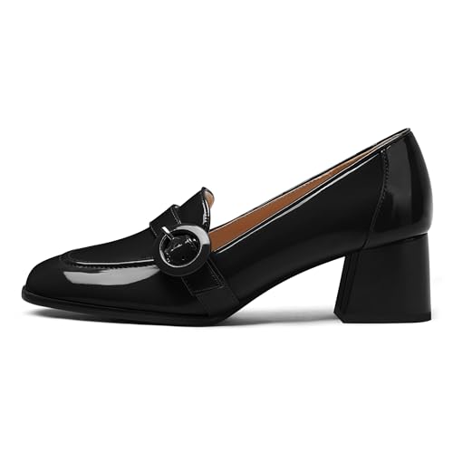 GOFOURTHAT Loafers for Women Chunky Block Heels Slip On 2 Inch Low Heel Women’s Pumps Square Toe Office Work Dress Casual Shoes Black Patent Size 6 by GOFOURTHAT - Used condition - Image 3