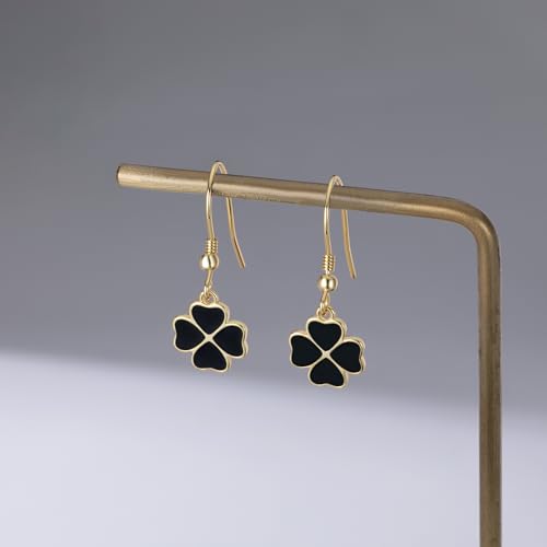 Reffeer Solid 925 Sterling Silver Clover Flower Drop Earrings for Women Teen Girls Black Flower Dangle Earrings Hooks for Summer Spring4