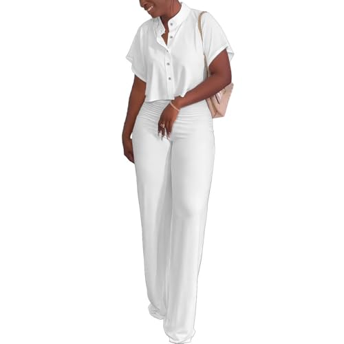 HBQ Women's Summer 2 Piece Outfits Casual Tracksuit Short Sleeve Button Down Crop Top Wide Leg Long Pant Lounge Sets2