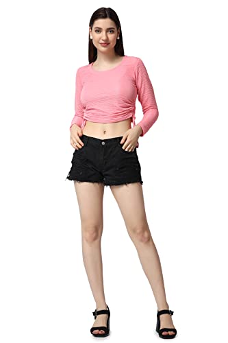 Image of POPWINGS Casual Self Design Regular Fit Polyester Full Sleeves Crop Tops for Women with Crush String