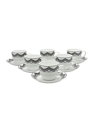 Image of Clay Craft Fine Ceramic Cup and Saucer Set of 12 (6 Tea Cups + 6 Saucers) White Black Can Be Used for Birthdays, Anniversaries, Parties, Mother, Father, Sister, Grey, Medium (CC-CS12-CREAM-S344)