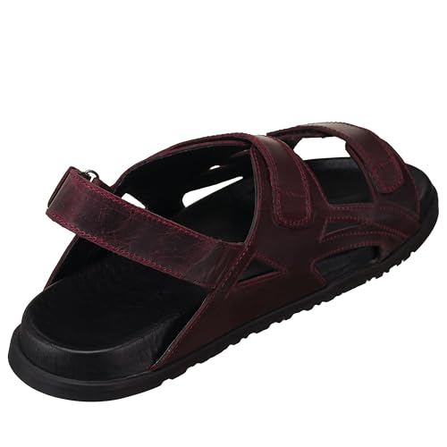 DALGALA Men's Burgundy Calfskin Big Size Wide Fit Hook and Loop Sandals Summer Shoes2