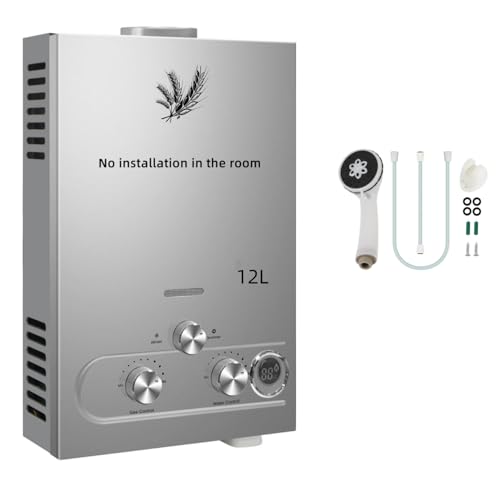 PEIXU 12L Scaldacqua a Gas Propano GPL 24KW Argento Riscaldatori di Acqua a Gas Liquefatto Butano,Scaldabagno Istantaneo Senza Serbatoio,per Campeggio,Camper,Casa,Uscita Dell'acqua Calda 12L/min