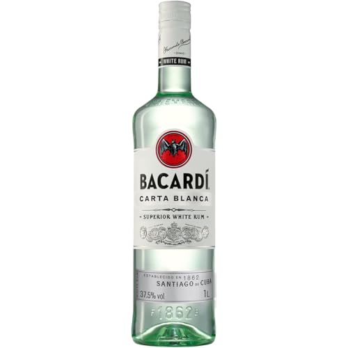 BACARDÍ Carta Blanca Ron Blanco Superior, 37,5 % ALC., 100 cl / 1 L, Ron Caribeño Icónico, Perfecto para Cócteles