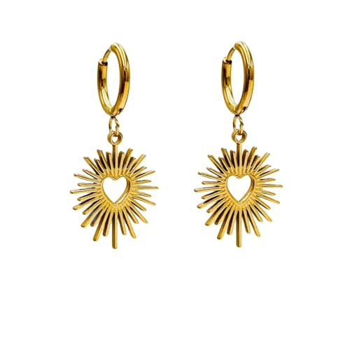 Heart Sunburst Dangle Hoop Earrings, Cute gold Plated Earrings, Fashion Personality Jewelry For Women