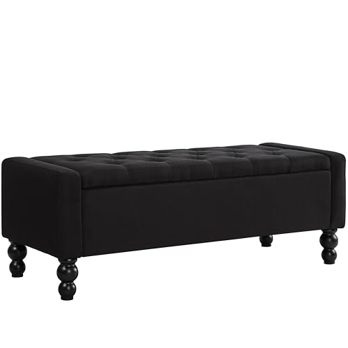 Image of 50 inch W Storage Ottoman Bench with Safety Hinge, Load up to 660 lb Ottoman with Storage, Upholstered Tufted Entryway Bench with Seating for Living Room, Bedroom, Entryway, Black