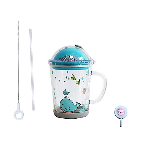 Taza de Leche con Pajita, Reutilizable Tazas para Medición, con tapa, funda inferior antideslizante y pajita de silicona, para té de jugo de leche, para microondas, 400 ml (Pez Azul)