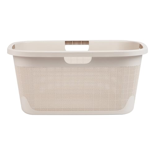 Mind Reader 40L Laundry Basket, Linen Design Clothes Hamper, Plastic Storage Bin with Handles, Ivory