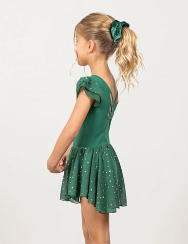 Image of Arshiner Girls Shiny Ruffle Sleeve Ballet Leotard with Skirt Criss-Cross Back Dance Dresses