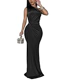 YMDUCH Women's Elegant One Shoulder Sleeveless Twist Waist Bodycon Party Long Dress Black