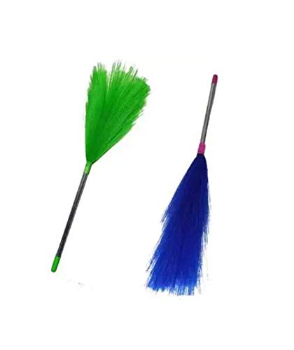 Broom/Jhadu Phool Jhadu for Wet Floors, Carpet, Dry Floors and Multipurpose Cleaning Medium Size Handle (Multicolor,2pcs)