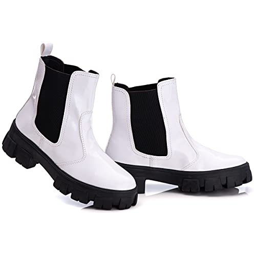 Bota Feminina Botina Chunky Chelsea Conforto Casual (Preto Verniz, 37)