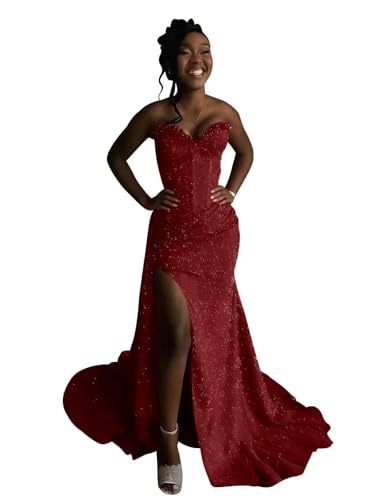 Mmufk Mermaid Prom Dresses for Teens Strapless Corset Pleated Sparkly Sequin Ball Gowns Cocktail Dress with Slit Burgundy Size 0