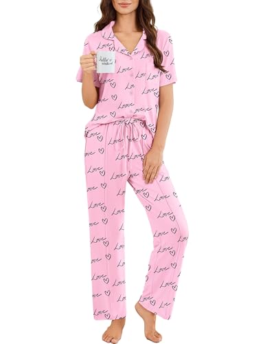 Image of Ekouaer Pajamas for Women Set Button Up Short Sleeve Pjs Sets With Pockets | Soft Womens Sleepwear,V Neck,Notch Collar,2 Piece Classic Loungewear With Long Pant for Sleep,Lounge,Fall