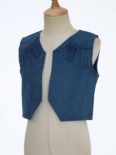 Kids Cowboys Cowgirls Wild West Cosplay Fancy Dress-up Waistcoat Suede Tassel Vest Outwear Jacket Navy Blue A 8 Years4
