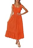 ZESICA Women's 2024 Summer Boho Spaghetti Strap Square Neck Solid Color Ruffle A Line Beach Long Maxi Dress,Orange,Medium