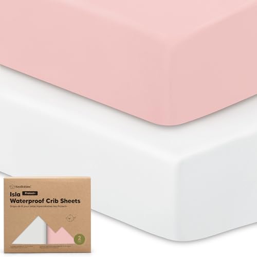 Image of 2-Pack Waterproof Baby Crib Sheets for Boys, Girls - 52x28 Viscose Derived from Bamboo Toddler Bed Sheet Neutral, Fitted Crib Mattress Protector Cover for Baby Bedding, Soft & Gentle (Rose)