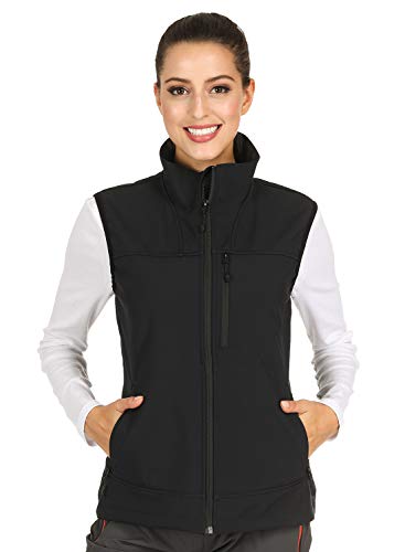 MIER Women's Lightweight Softshell Vest Front-Zip Outdoor Water-Resistant Vest with 7 Pockets, Fleece Lined, Black, S