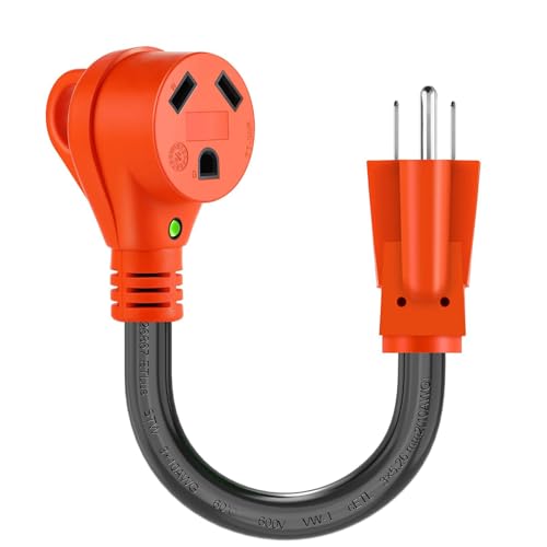 Image of 30 Amp to 110 Volt RV Adapter Cord, Dogbone NEMA 5-15P to TT-30R | RV Electrical Power Adapter with LED Indicator, 12 /3 Gauge RV Dogbone Adapter with Grip Handle, 12 Inch, Orange, ETL Listed