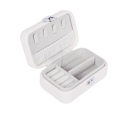 Image of BucketList PU Leather Jewellery Organizer Box with Ring Slots & Necklace Hooks | Compact Jewelry Storage Case with Secure Lock (Travel Jewellery Box Rectangular (White))