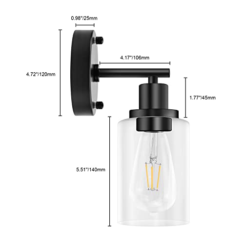 Gordnwe 1-Light Bathroom Wall Sconce, Matte Black Vanity Light, Modern Wall Light Fixture With Clear Glass Shade And E26 Bulb Base, Wall Lamp Wall Mount Light Fixtures For Mirror, Bedroom, Hallway #TOP1