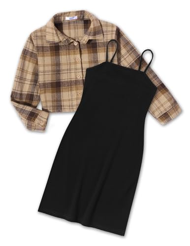 Arshiner Girls Dresses 2 Piece Outfit Cami Dress with Crop Button Up Blouse Shirt Clothing for 5-12 Years