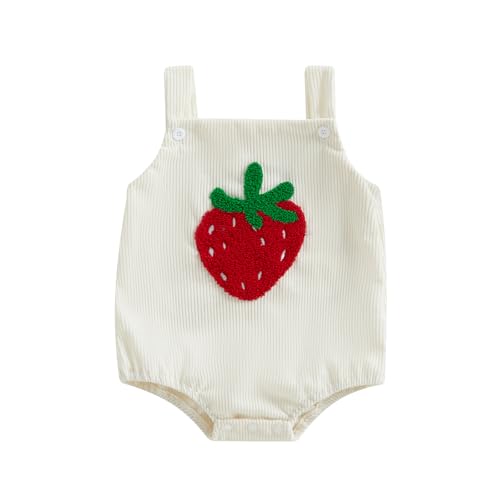 Image of Geagodelia Infant Baby Girl Boy Overalls Romper Button Sleeveless Bodysuit Cartoon Embroidery Ribbed Jumpsuit Square Neck Pageant Baptism Playsuit (Beige Strawberry, 0-3 Months)