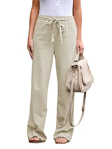 Pretifeel Lässige Leinenhose für Damen, elastische Taille, Strand, Yoga, Lounge, lockere Passform, beige, X-Groß Cover