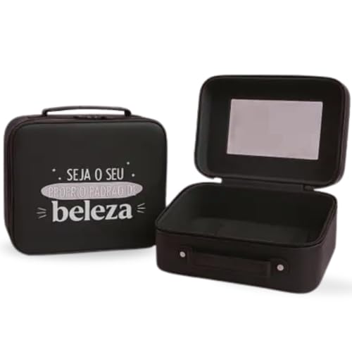 Maleta Organizadora de Maquiagem com Espelho, Forro Macio, Espaço Amplo sem Divisórias, Elásticos Internos e Alça – Ideal para Viagens e Rotina de Beleza – Three Brothers (Maleta Maquiagem Preta)