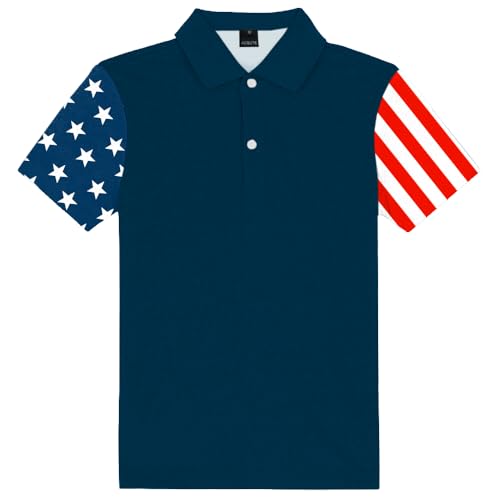 Image of AOBUTE Kids 4th of July Polo American Flag Short Sleeve Button Down Shirts Tops 3-14 Years