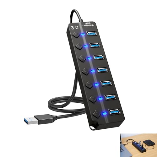 Hub USB 3.0 7 Puertos, Adaptador Multi USB, 7 en 1 con 1 Puerto USB 3.0 y 6 Puertos USB 2.0, Distribuidor USB con Interruptores Independientes y LED Indicadores, Cable de 30 cm para PC/Ordenador