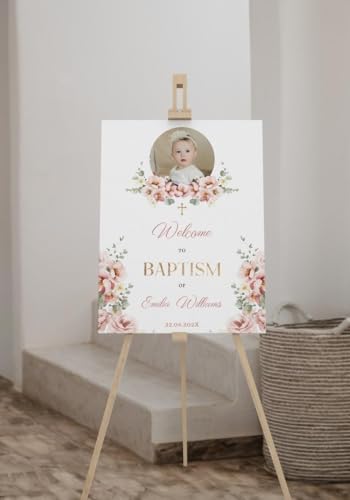 Personalized Pink Floral Baptism Welcome Sign with Photo – Custom Christening Poster for Girl or Boy – Modern First Communion Banner Party Decor – Baby Dedication