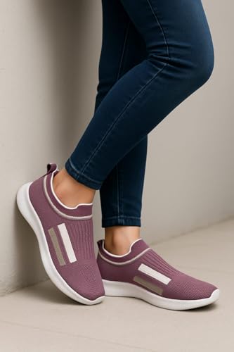 Image of Onion Casual Slip-On Sneakers, Purple Knit Mesh Walking Shoes with White Stripes