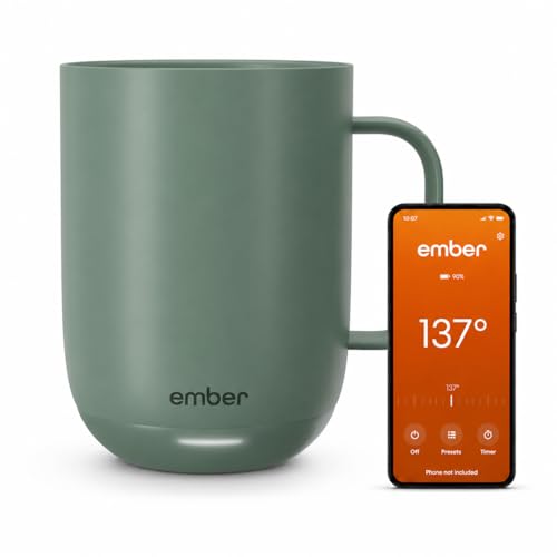 Ember Temperature Control 14oz Smart Mug 2, App-Controlled and Rechargeable Heated Coffee Cup Warmer with Intelligent LED Display, Sage Green.