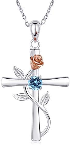 BlingGem Cross Necklace for Women 925 Sterling Silver March Birthstone Cross Pendant Necklace for Women 5A Aquamarine-Blue Cubic Zirconia Anniversary Birthday Jewelry Gift for Women Wife Girlfriend Daughter