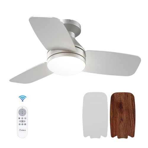 Image of Amico Ceiling Fans with Lights, 30 Inch Low Profile Ceiling Fan with Light and Remote Control, Flush Mount, Reversible, 3CCT, Dimmable, Noiseless, Silver Ceiling Fan for Bedroom, Indoor /Outdoor Use