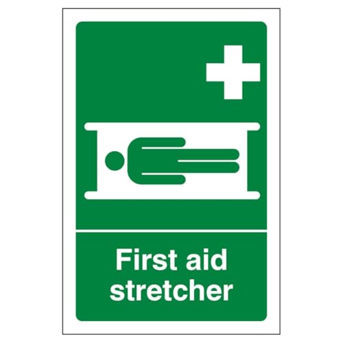 V Safety First Aid Stretcher - Portrait 150 x 200 mm - Glow In The Dark 1mm Rigid Plastic Safety Sign